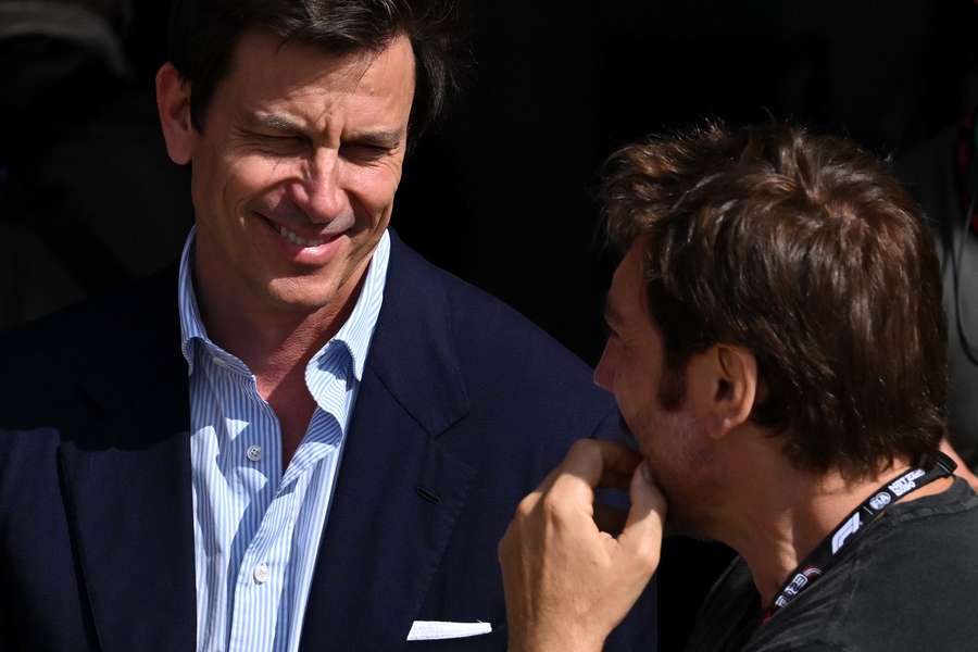 Mercedes F1 team principal Toto Wolff and Spanish actor Javier Bardem are seen outside the garage of the fictional Apex team for an F1-inspired movie
