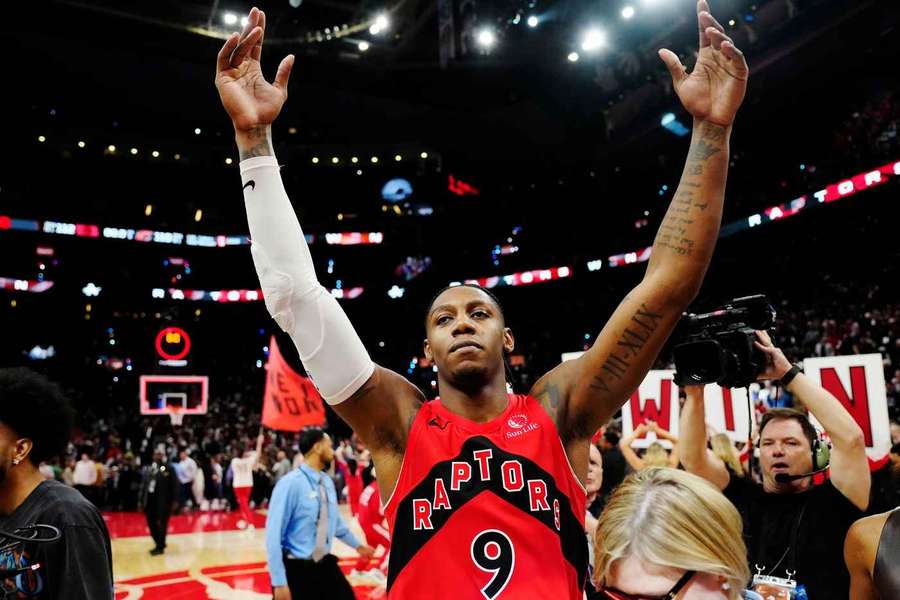 Toronto Raptors' RJ Barrett reacts after Game 6 win against Cleveland Cavaliers