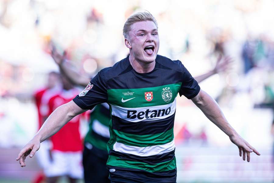 Conrad Harder celebrates scoring in the Portuguese Cup final against Benfica