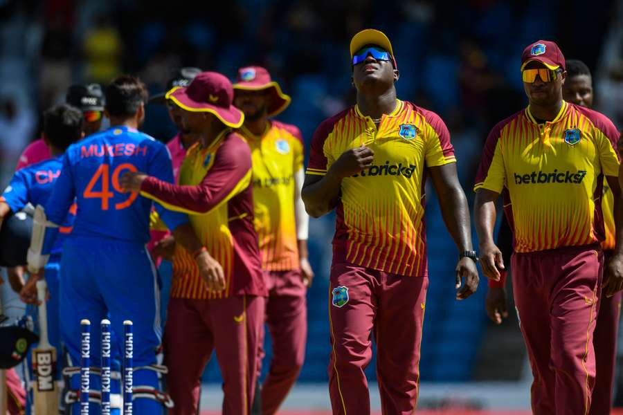 Rovman Powell of West Indies celebrates winning the first T20I match between West Indies and India