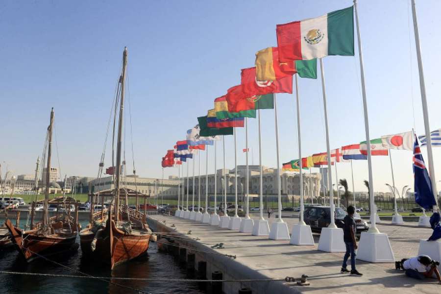 The flags of the qualified nations for the World Cup are raised in Qatar