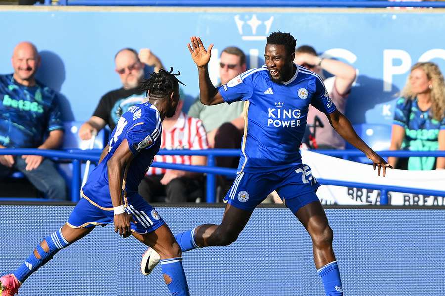 Wilfred Ndidi of Leicester City celebrates after Jamie Vardy scored against Stoke City