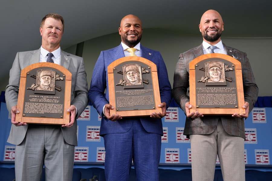 Jeff Kent (left), Andruw Jones (center), and Carlos Beltran (right) inducted into the 2026 Baseball Hall of Fame Jeff Kent (left), Andruw Jones (center), and Carlos Beltran (right) inducted into the 2026 Baseball Hall of Fame