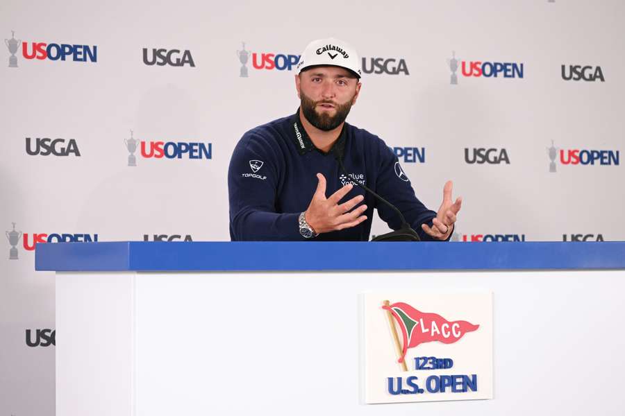 Jon Rahm of Spain speaks to the media during a press conference