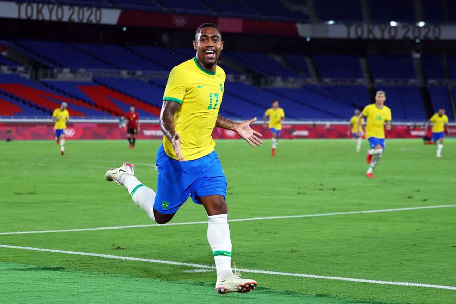 Malcom of Brazil celebrates after scoring a goal at the 2020 Tokyo Olympics