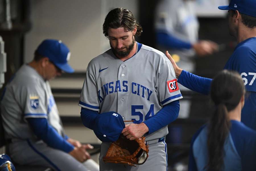 Kansas City Royals' Mitch Spence reacts after being pulled from a game