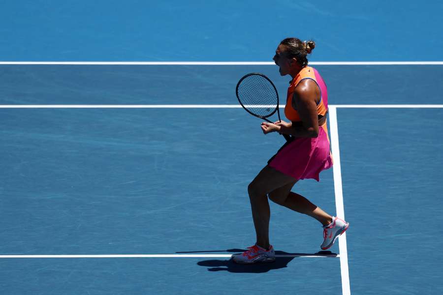 Aryna Sabalenka reacts during her fourth round match against Canada's Victoria Mboko 