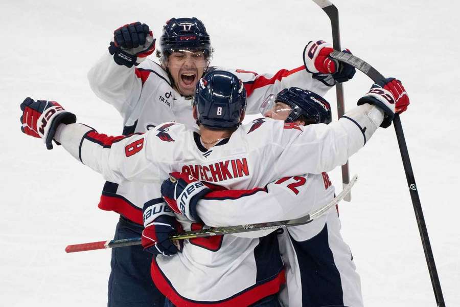 Washington Capitals' Alex Ovechkin celebrates his hat-trick against the Montreal Canadiens