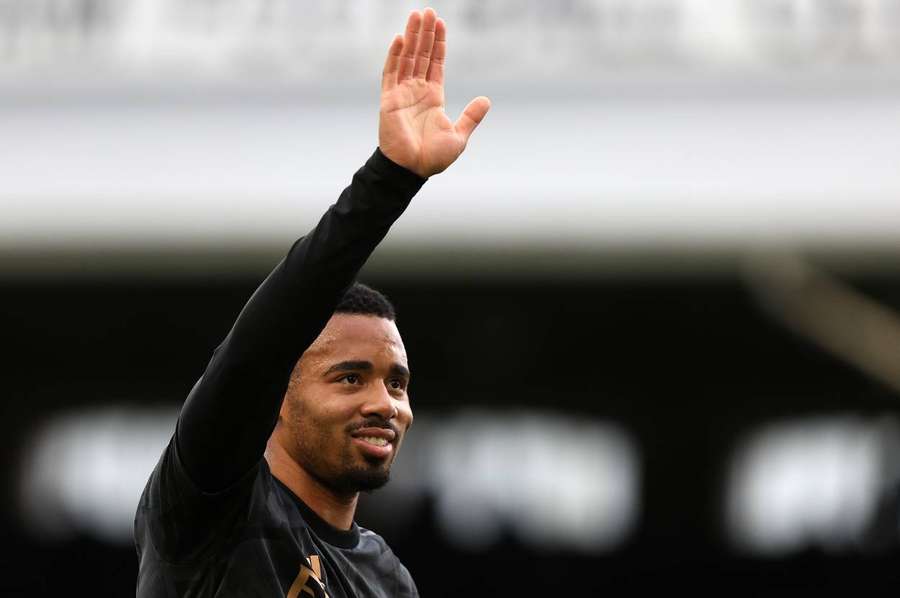 Gabriel Jesus applauds the travelling fans following Arsenal's 3-0 win over Fulham at Craven Cottage