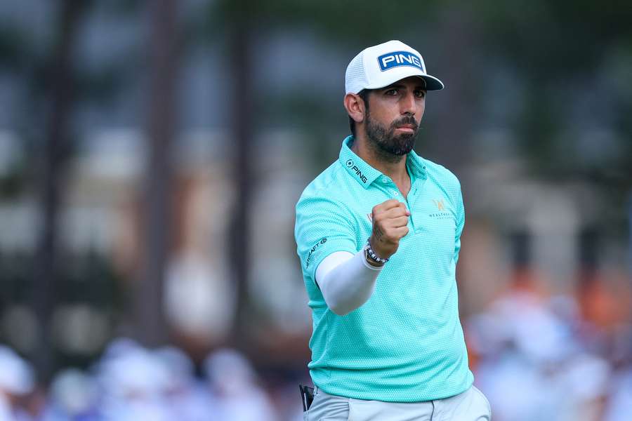 Matthieu Pavon reacts after making a birdie on the seventh hole