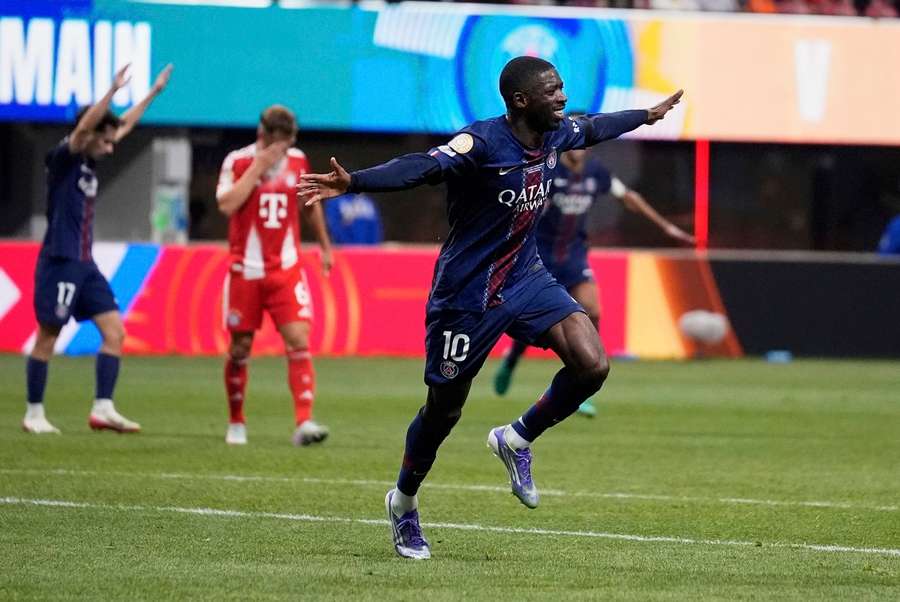 PSG's Ousmane Dembele celebrates after scoring his team's second goal during the Club World Cup game against Bayern Munich