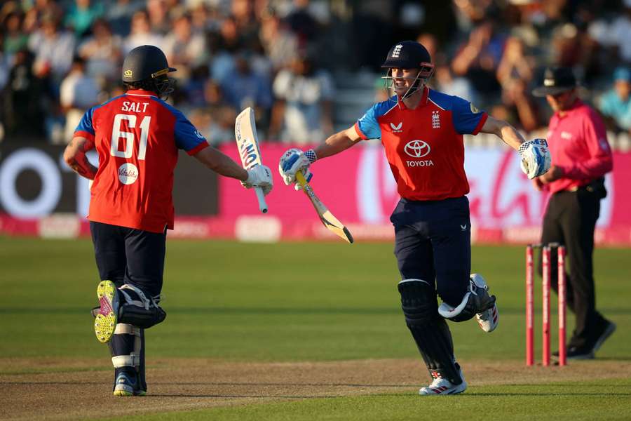 Harry Brook and Phil Salt celebrate after England win the match against India in Bristol Harry Brook and Phil Salt celebrate after England win the match against India in Bristol
