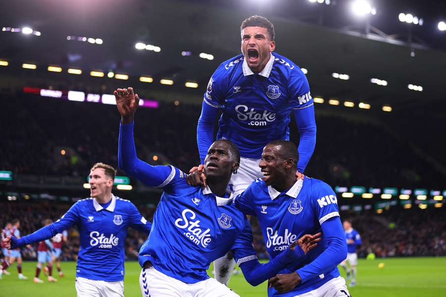 Amadou Onana celebrates giving Everton the lead in the 19th minute