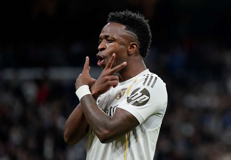 Real Madrid's Vinicius Junior celebrates scoring agianst Sociedad