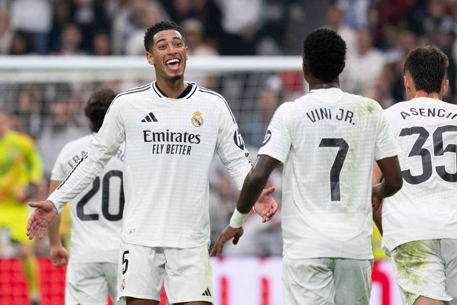 Real Madrid's Jude Bellingham celebrates scoring his team's first goal against Mallorca