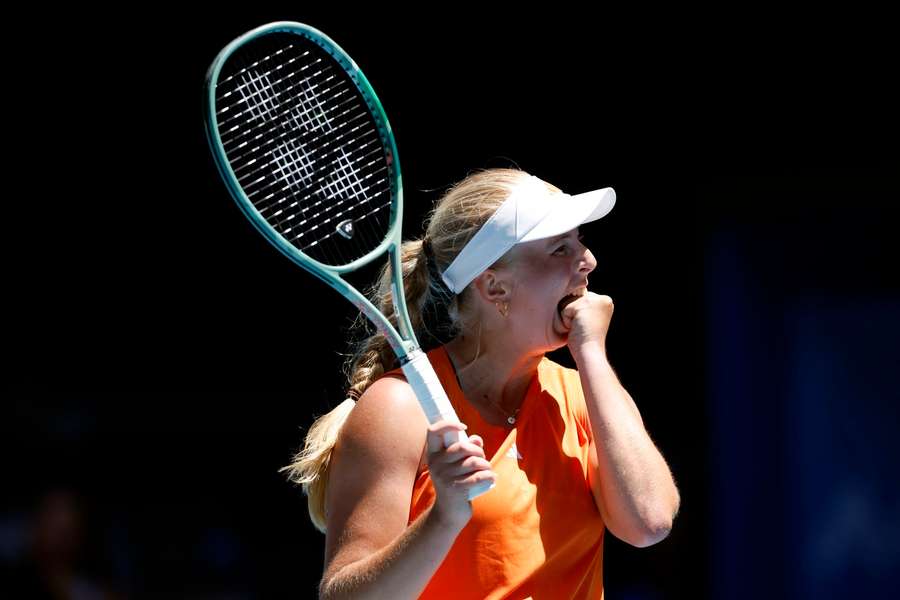 Clara Tauson reacts during the game against Victoria Mboko Clara Tauson reacts during the game against Victoria Mboko