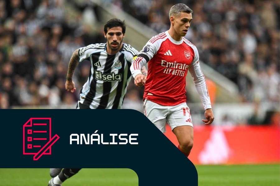 Leandro Trossard, do Arsenal, protege a bola de Sandro Tonali, do Newcastle