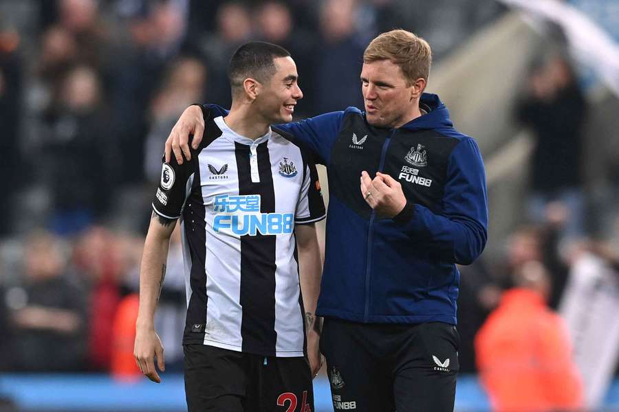 Newcastle head coach Eddie Howe with Miguel Almiron Newcastle head coach Eddie Howe with Miguel Almiron