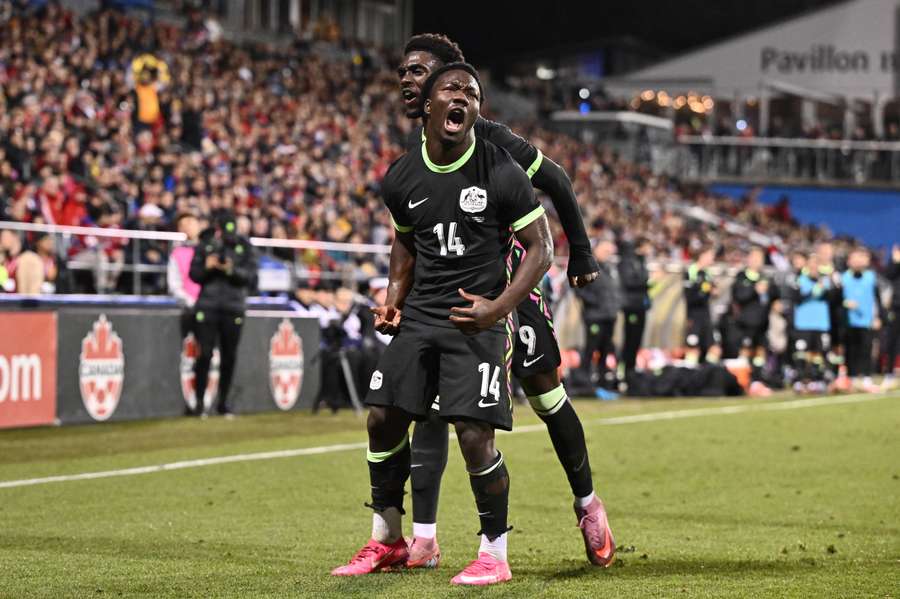 Nestory Irankunda celebrates his match-winning goal against Canada.
