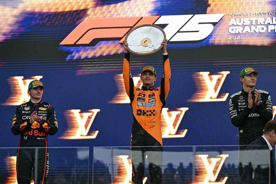 Lando Norris, Max Verstappen and George Russell on the Australian Grand Prix podium