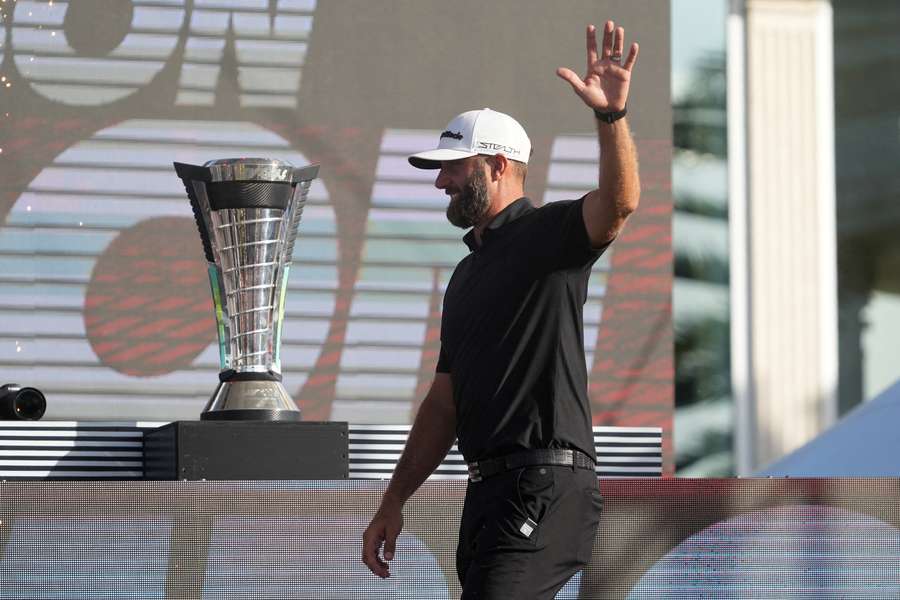 4Aces GC captain Dustin Johnson celebrates after winning the individual championship during season finale of the LIV Golf series