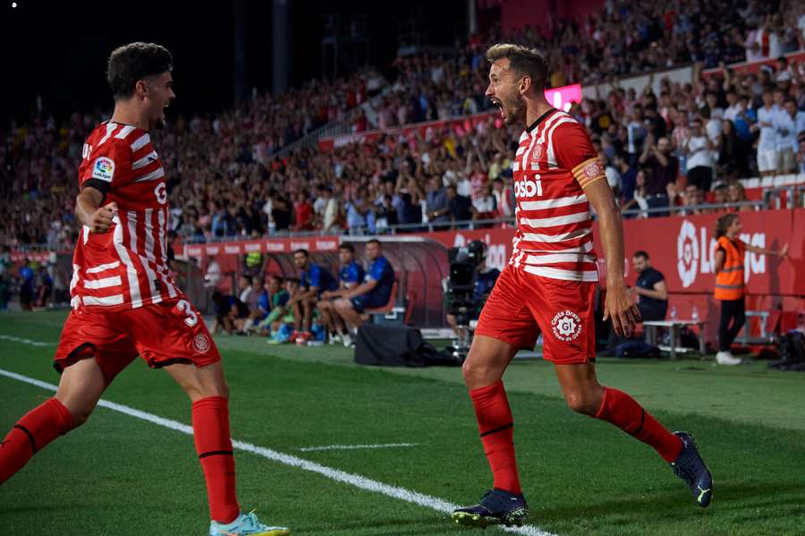 Christian Stuani, right, celebrates his opener for Girona three minutes before the break