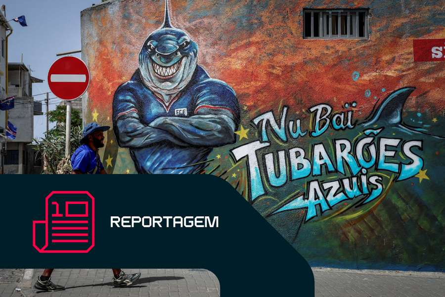 Mural representando um tubarão, símbolo da seleção de Cabo Verde