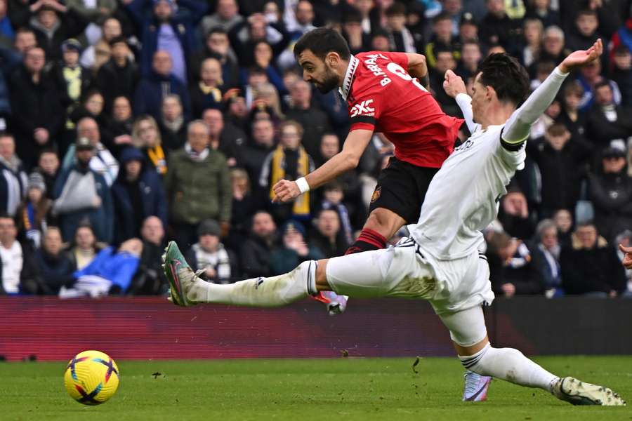 Bruno Fernandes has his shot saved during the English Premier League football match between Leeds United and Manchester United 