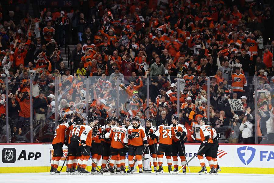 The Philadelphia Flyers celebrate advancing in from their Stanley Cup playoffs first round series.