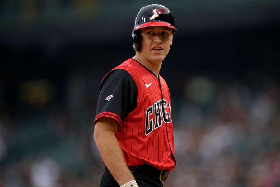Chicago White Sox catcher Kyle Teel reacts after recording his first MLB hit