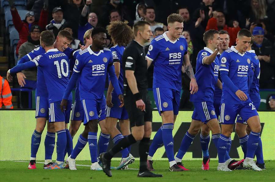 Leicester City's English midfielder Harvey Barnes celebrates scoring the team's fourth goal 