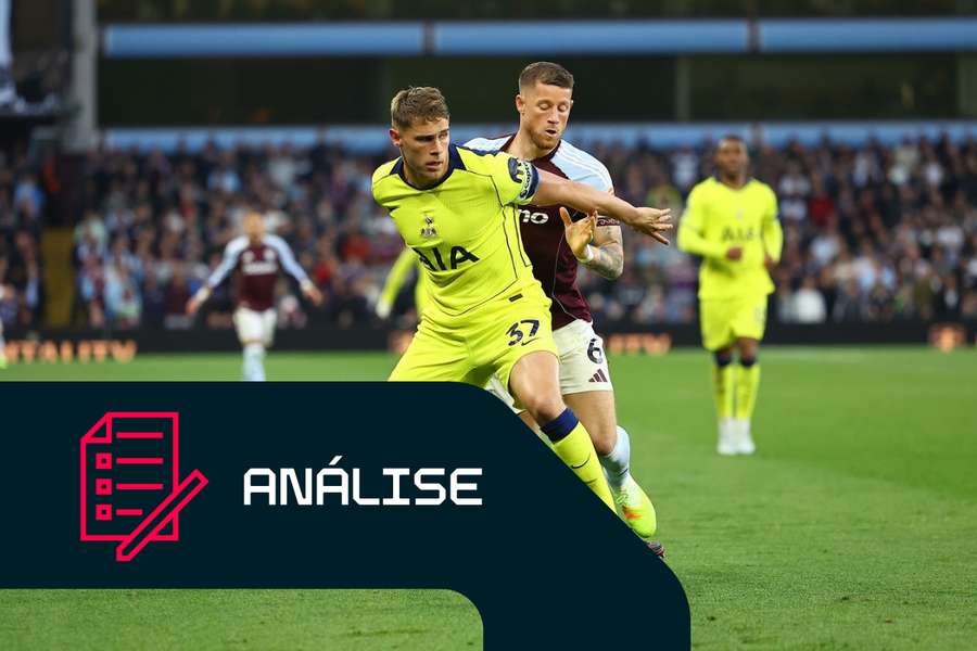 Micky van de Ven, do Tottenham, protege a bola de Ross Barkley, do Aston Villa Micky van de Ven, do Tottenham, protege a bola de Ross Barkley, do Aston Villa