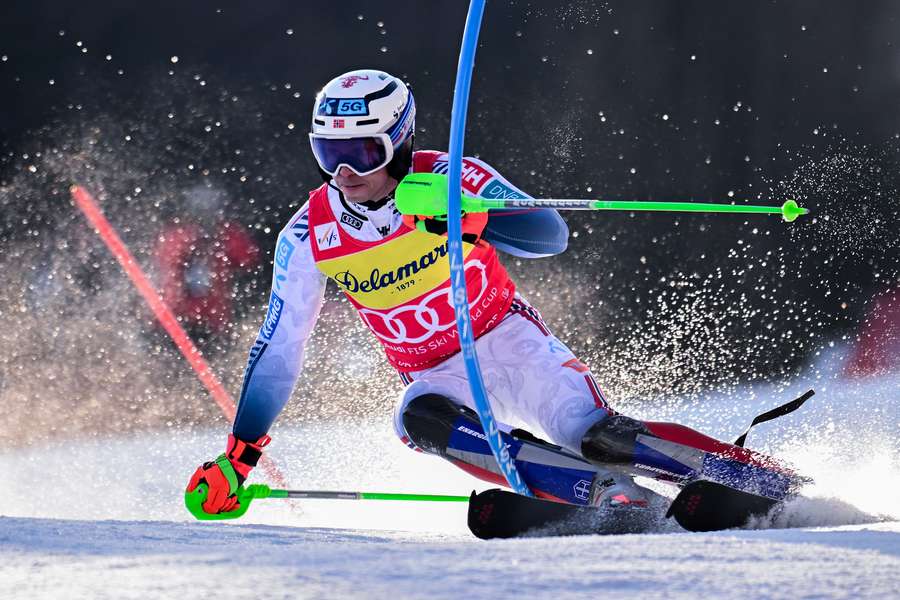 Norway's Henrik Kristoffersen competes in the first run of the slalom event during the FIS Alpine World Ski Championships in Kranjska Gora