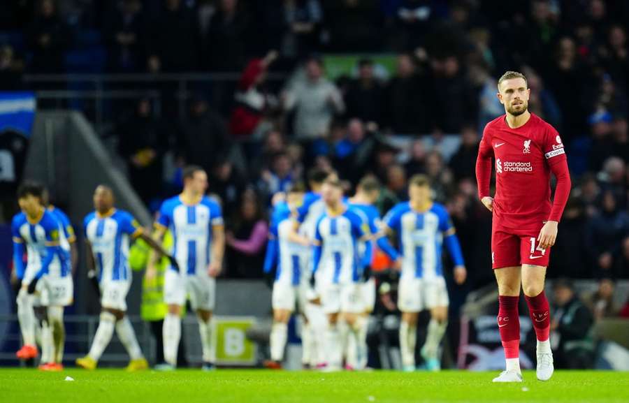 Liverpool captain Jordan Henderson looks on during their defeat to Brighton