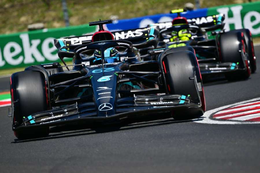 Mercedes' George Russell in action during practice 