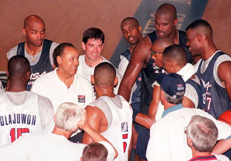 Lenny Wilkens (middle-left) coaching the 1996 US Men's Olympic Basketball team