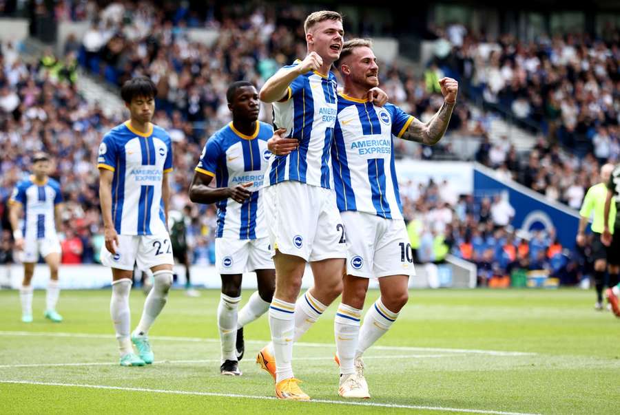 Brighton players celebrate after scoring against Southampton