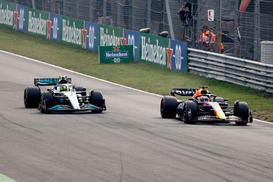 Red Bull's Max Verstappen and Mercedes' Lewis Hamilton in action during the race