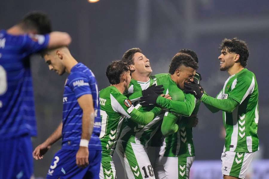 Real Betis players celebrate after Antony scores Real Betis players celebrate after Antony scores