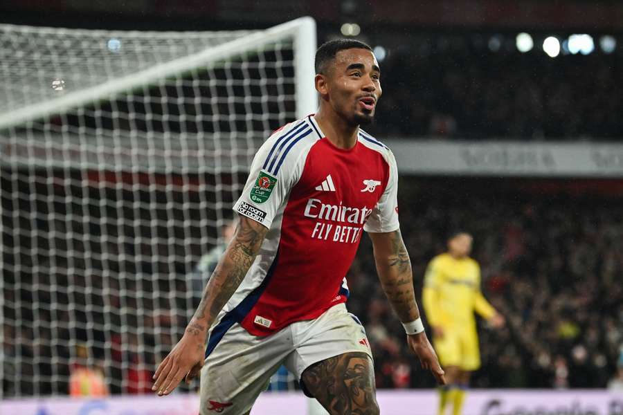 Jesus celebrates his hat-trick against Crystal Palace