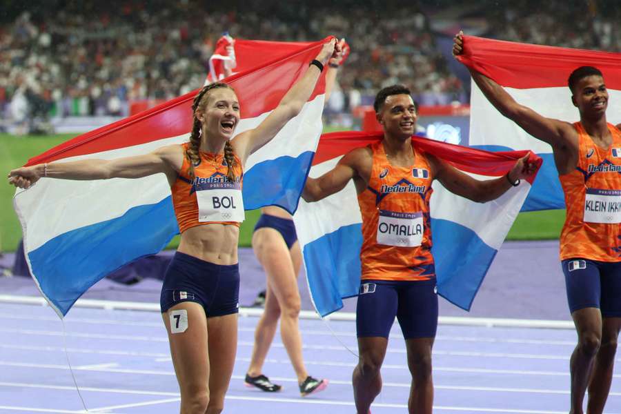 Femke Bol and the Dutch relay team celebrate