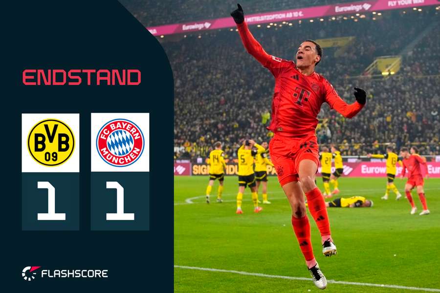 Per Kopf erzielte Jamal Musiala (M.) den späten Ausgleich für die Bayern.