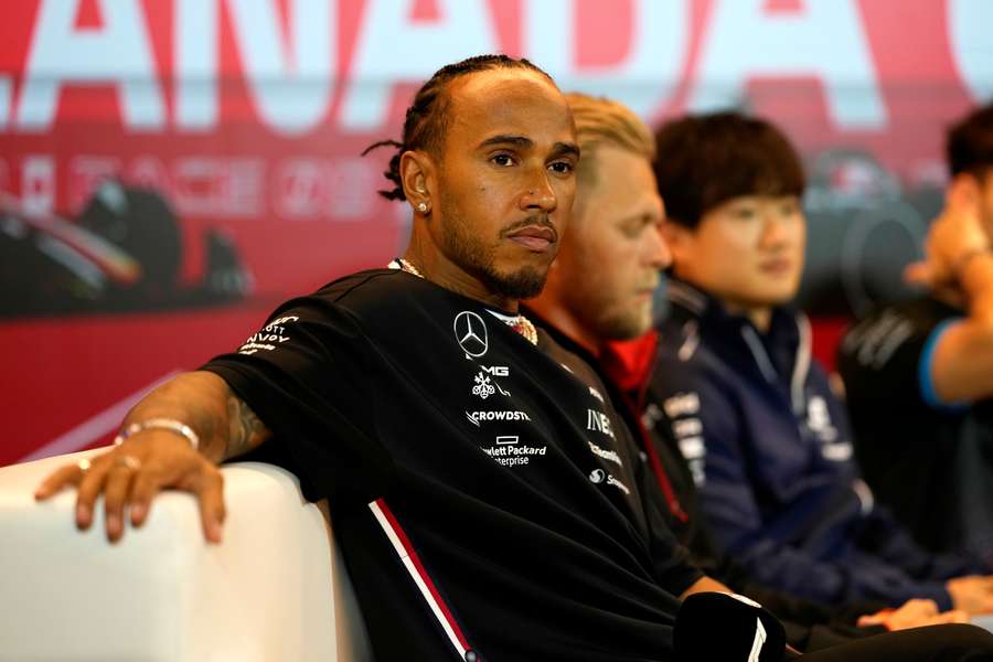 Lewis Hamilton attends a driver's press conference during previews ahead of the Canadian Grand Prix