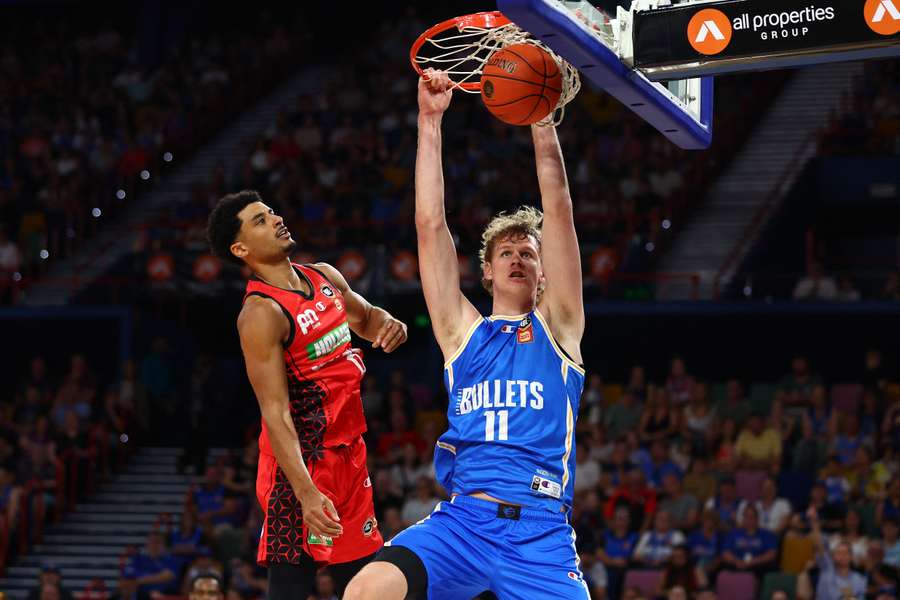 Rocco Zikarsky in action for the Brisbane Bullets during NBL24. 