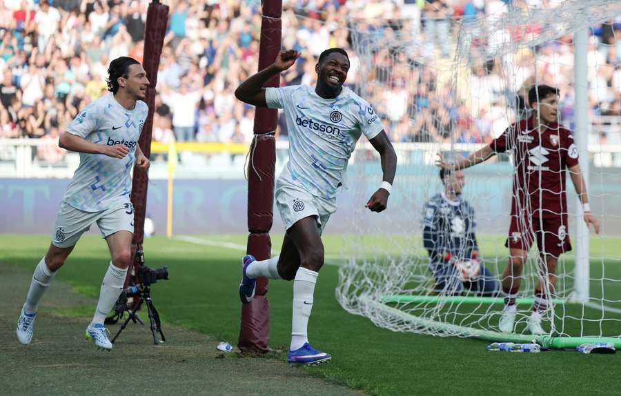 Marcus Thuram celebrates scoring for Inter