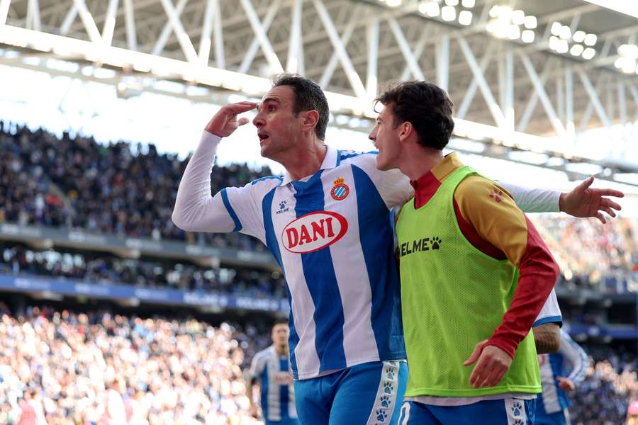 Kike of Espanyol celebrates scoring his team's first goal with teammate Antoniu Roca