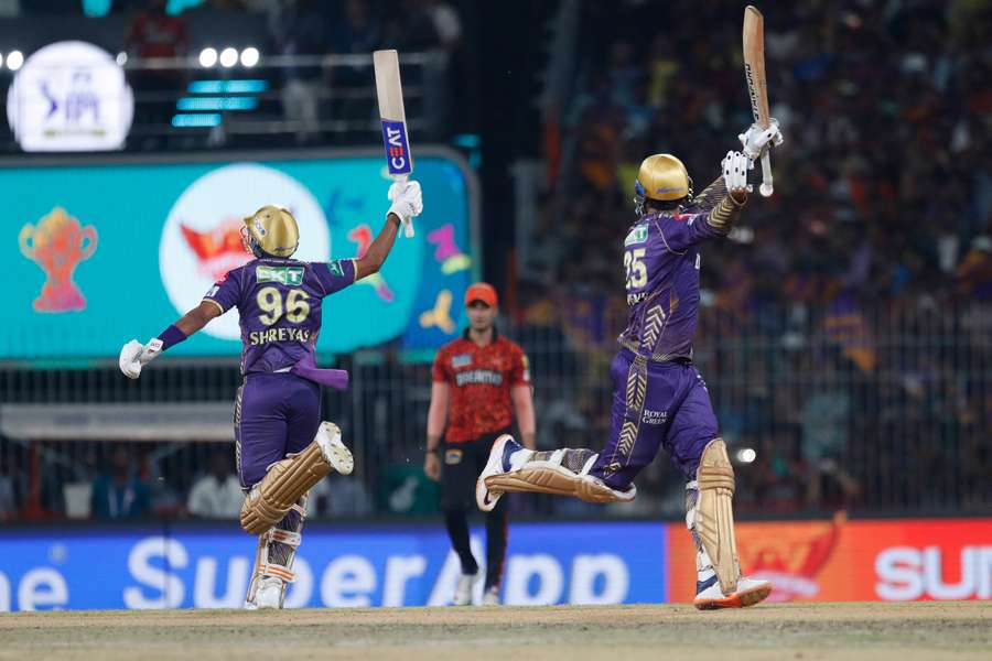 Shreyas Iyer and Venkatesh Iyer of Kolkata Knight Riders celebrate their team's win over Sunrisers Hyderabad during the 2024 IPL final