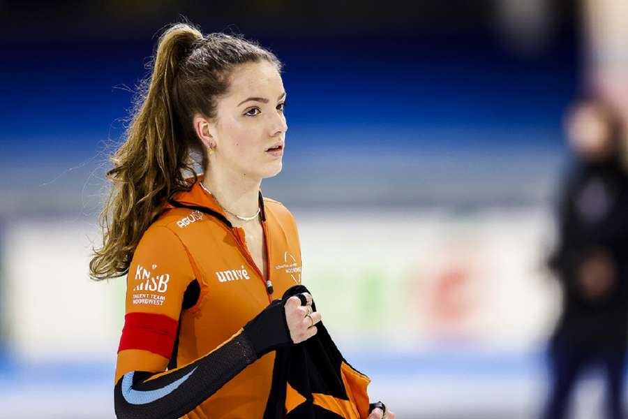 Pien Hersman na afloop van de 500 meter tijdens de NK Sprint