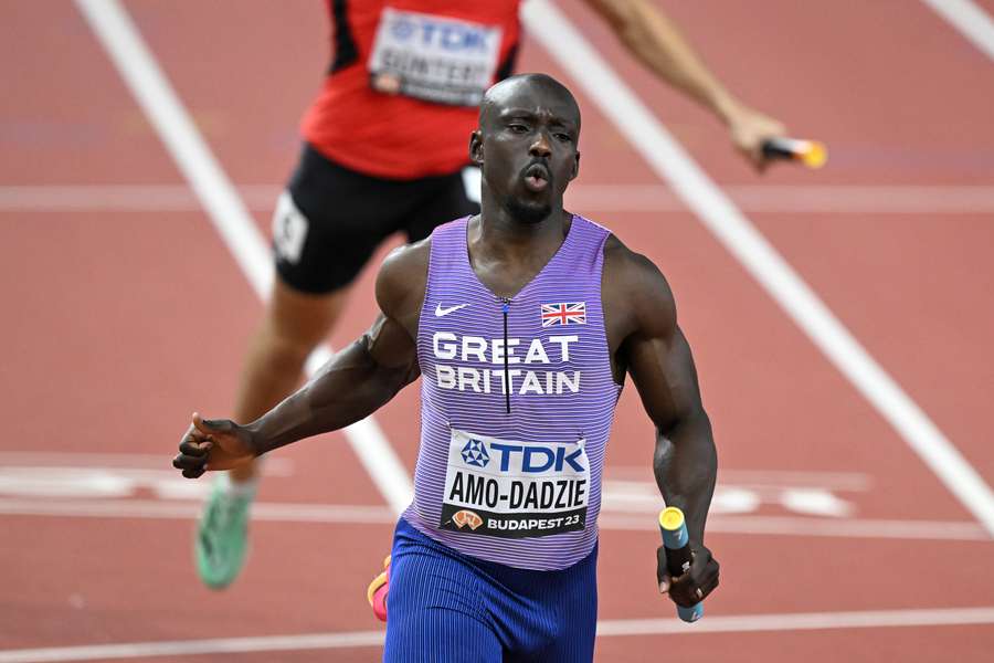 Eugene Amo-Dadzie, pictured crossing the finish line in the men's 4x100m relay heats on Friday Eugene Amo-Dadzie, pictured crossing the finish line in the men's 4x100m relay heats on Friday