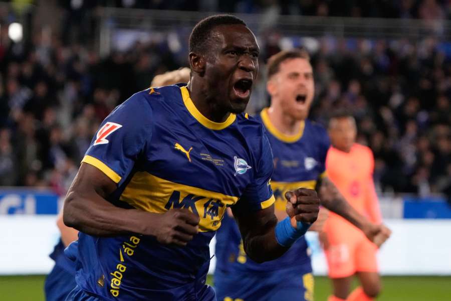 Ibrahim Diabate celebrates after scoring the winning goal against Barcelona